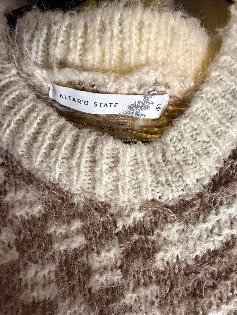 Altar'd State Cream & Brown Checkerboard Stripe Crewneck Sweater - Picture 2 of 4